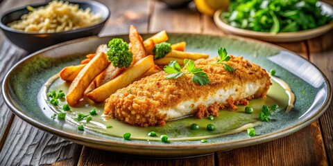 Elegant Low Light Dinner Scene Featuring Breaded Cod Fillet with Crispy Breadcrumbs, Lentils, Celery Puree, and Parsley Sauce in a Restaurant Setting