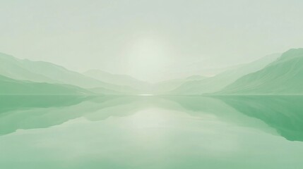 Serene Green Mountain Lake Landscape, Misty Calm Nature Scene, Peaceful AI Generated Artwork