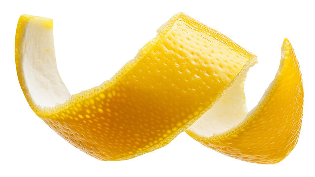 lemon peel twist garnish isolated on white background. curly zest