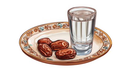 Ramadan design featuring dates and a glass of water, holy festival, Islamic month, isolated on white, PNG file
