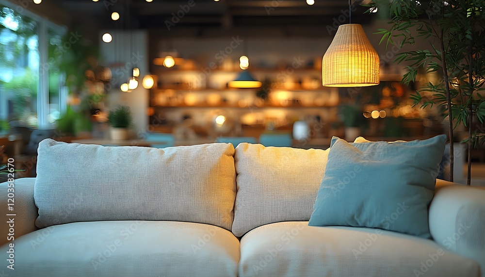 Poster cozy and inviting living room sofa in a modern cafe setting with soft lighting and stylish decor for