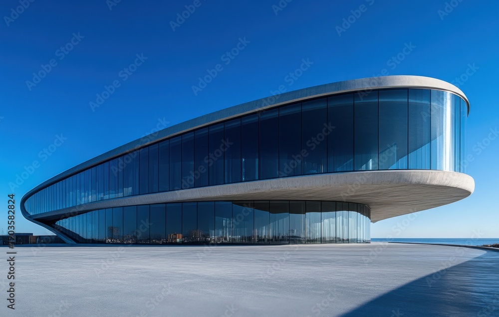 Poster modern architectural design of a sleek building with curved structure and expansive glass surfaces u