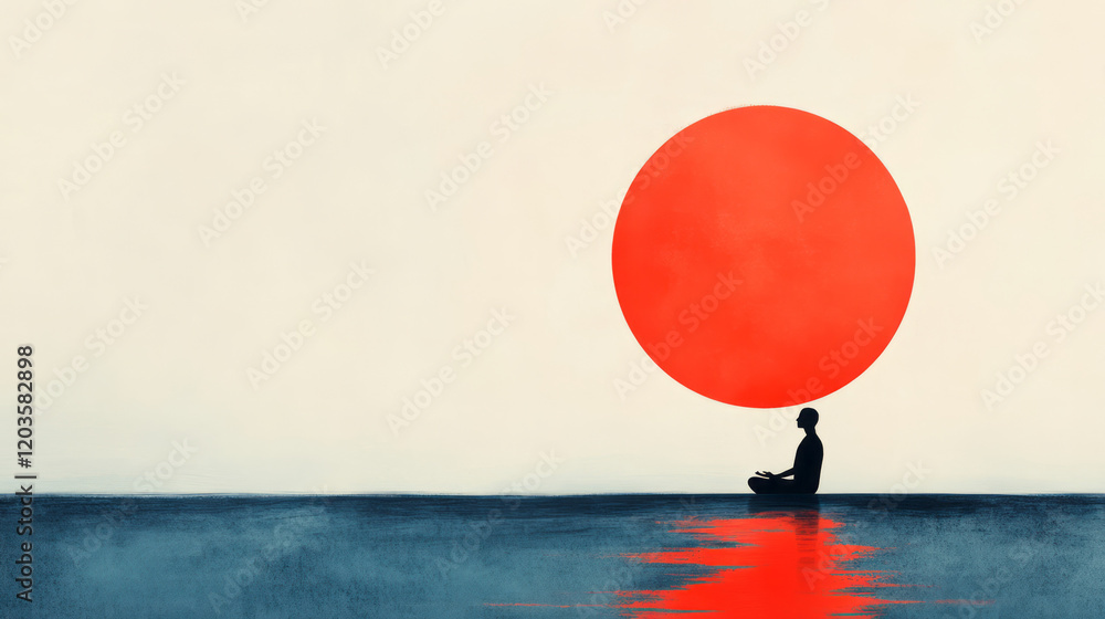 Poster a tranquil image of a person meditating with foreign language phrases subtly integrated into the bac