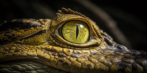 Close-up of a Yellow and Black Crocodile's Eye, Exotic Reptile Wildlife Photography