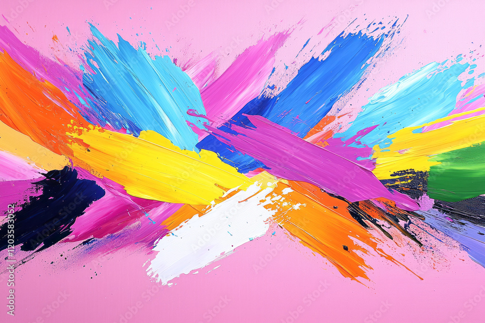 Poster a vibrant abstract painting with bold colors and dynamic brushstrokes, creating a visually striking 