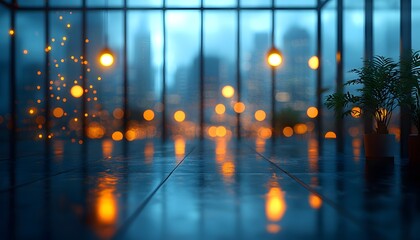 Fototapeta premium Atmospheric Urban Scene with Soft Focus and Bokeh Effect Featuring Glass Windows, City Lights, Plant Decor, and a Mysterious Evening Ambiance