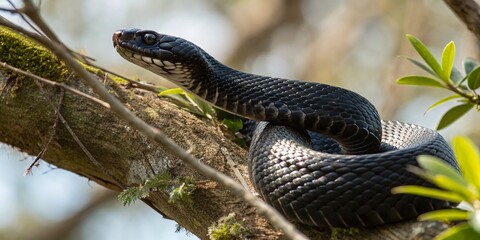 Fototapeta premium Close-up of Black Snake on Branch - Wild Reptile Portrait Photography