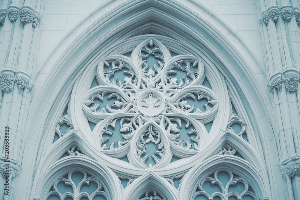 Poster a detailed representation of gothic architecture with pointed arches, stained glass windows, and int