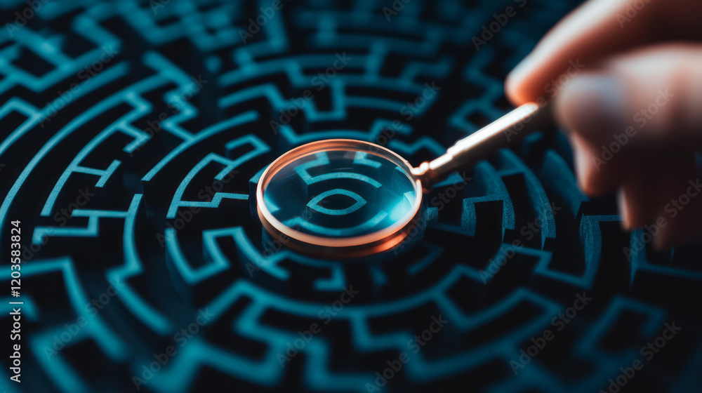 Poster a thoughtful individual holding a magnifying glass over a complex maze, symbolizing the process of c