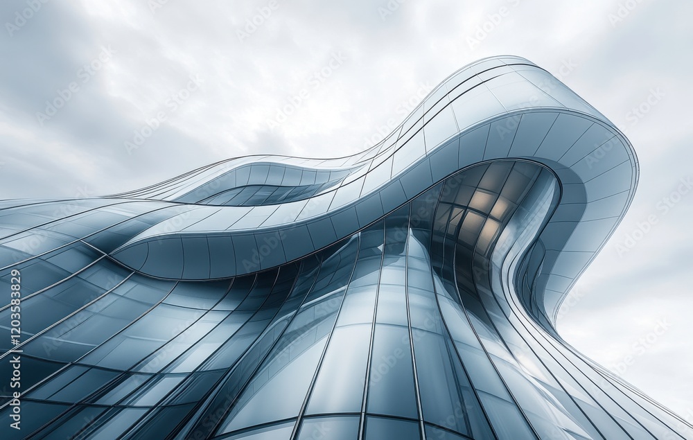 Poster modern architectural marvel featuring unique curved design with reflective glass and dynamic lines u