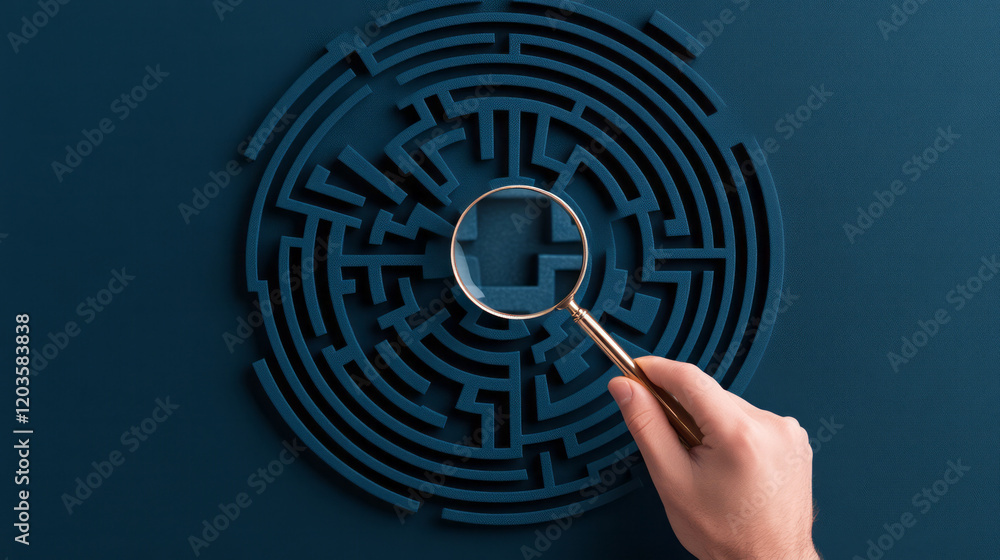 Poster a thoughtful individual holding a magnifying glass over a complex maze, symbolizing the process of c