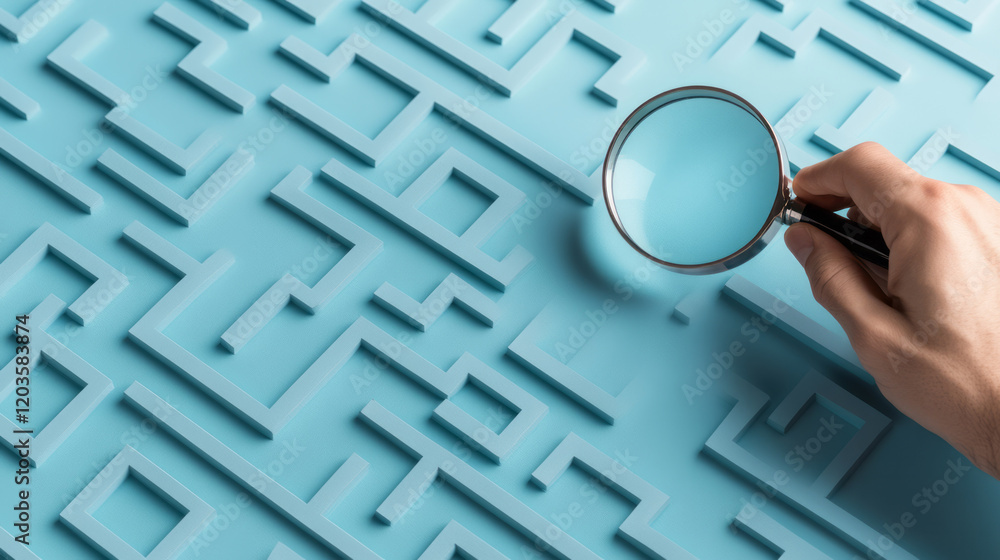 Poster a thoughtful individual holding a magnifying glass over a complex maze, symbolizing the process of c