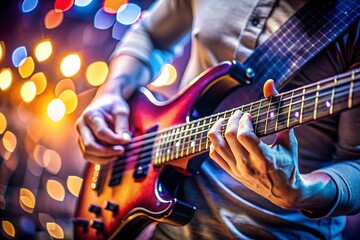 Obraz premium Close-up of Hands Playing Electric Guitar with Bokeh Background - Stock Photo