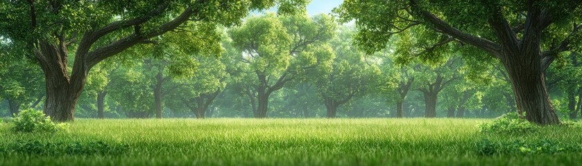 Obraz premium Serene nature landscape lush green forest peaceful setting outdoor environment panoramic view tranquility concept