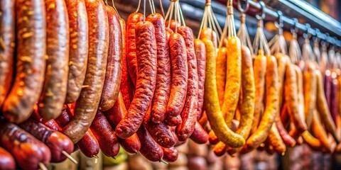 Close-up of Hanging Cured & Raw Sausages in Butcher Shop - High-Resolution Stock Photo
