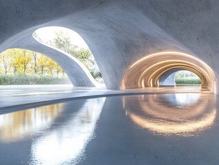 Serene concrete pavilion reflects soft light gently on still water. AI Generated