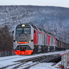 Train locomotive pulls wagons with cargo. Transportation industry	
