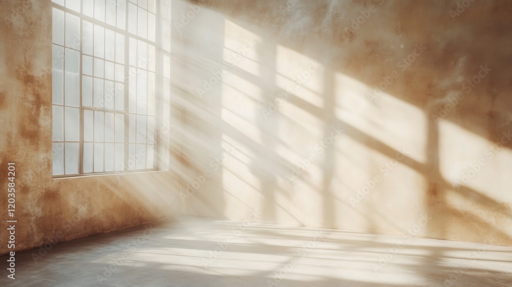 Poster sunlight streams through large window casting soft shadows on a beige wall in a modern studio creati