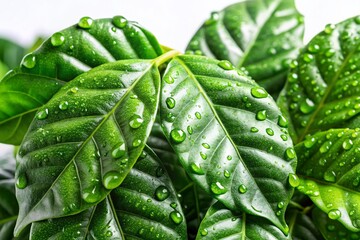 Fototapeta premium Close-up of Robusta Coffee Leaves with Water Droplets Isolated on White Background