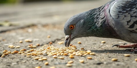 Fototapeta premium Close-up of Rock Pigeon Examining Grains on Urban Ground - Detailed Texture
