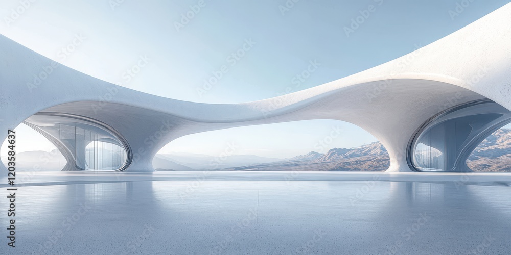 Aufkleber modern architectural space with fluid forms and natural light, featuring a minimalist design surroun