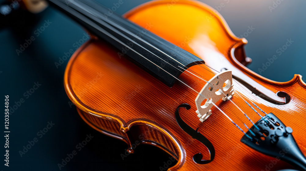Poster a detailed close-up of a violin being played, focusing on the bow gracefully moving across the strin