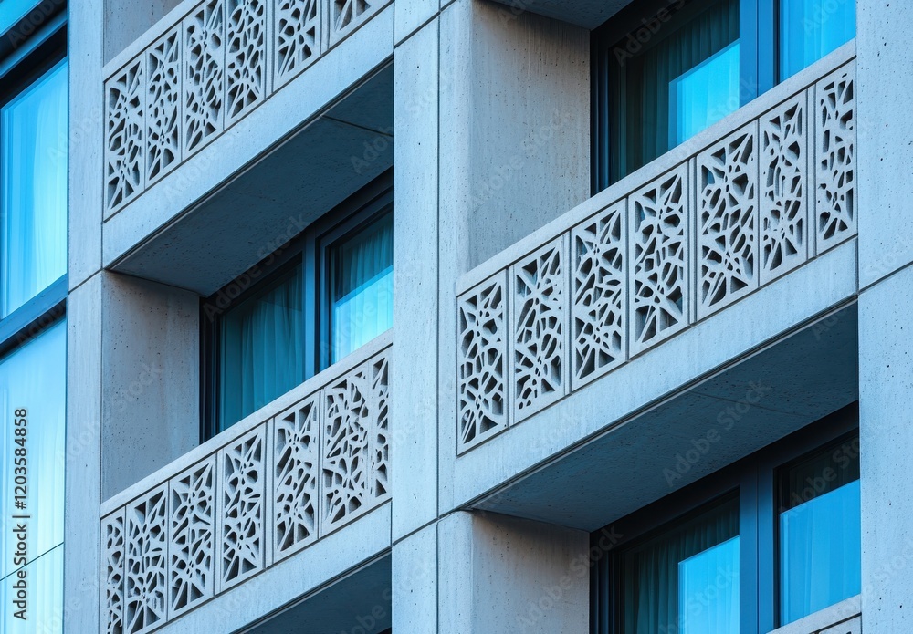 Poster modern architecture design with intricate decorative elements on building facade showcasing geometri