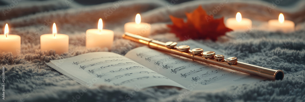 Poster an elegant flute resting on an open sheet of music, illuminated by soft candlelight in a sophisticat