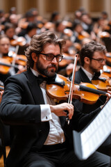 Fototapeta premium A dynamic orchestra performing a symphony in a grand concert hall, with musicians passionately engaged in their instruments,