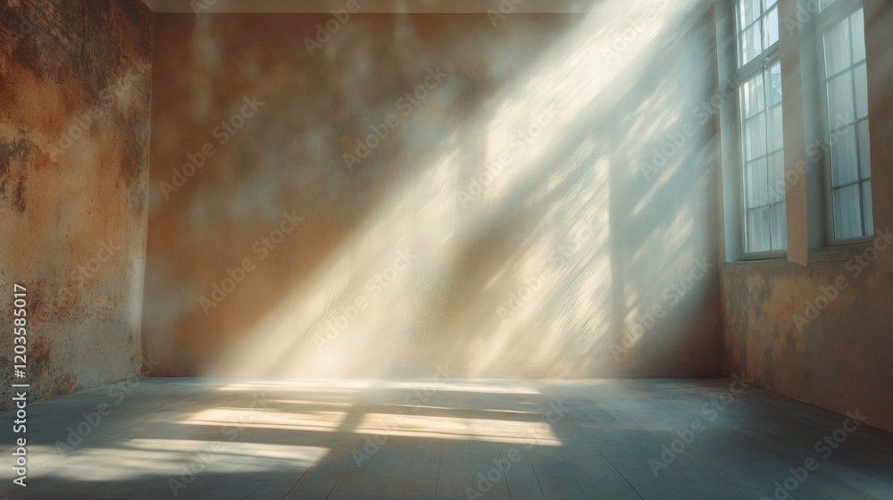 Poster sunlight streams through large window casting soft shadows on a beige wall in a modern studio creati