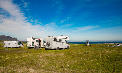 Family vacation travel RV, holiday trip in motorhome, Caravan car Vacation.