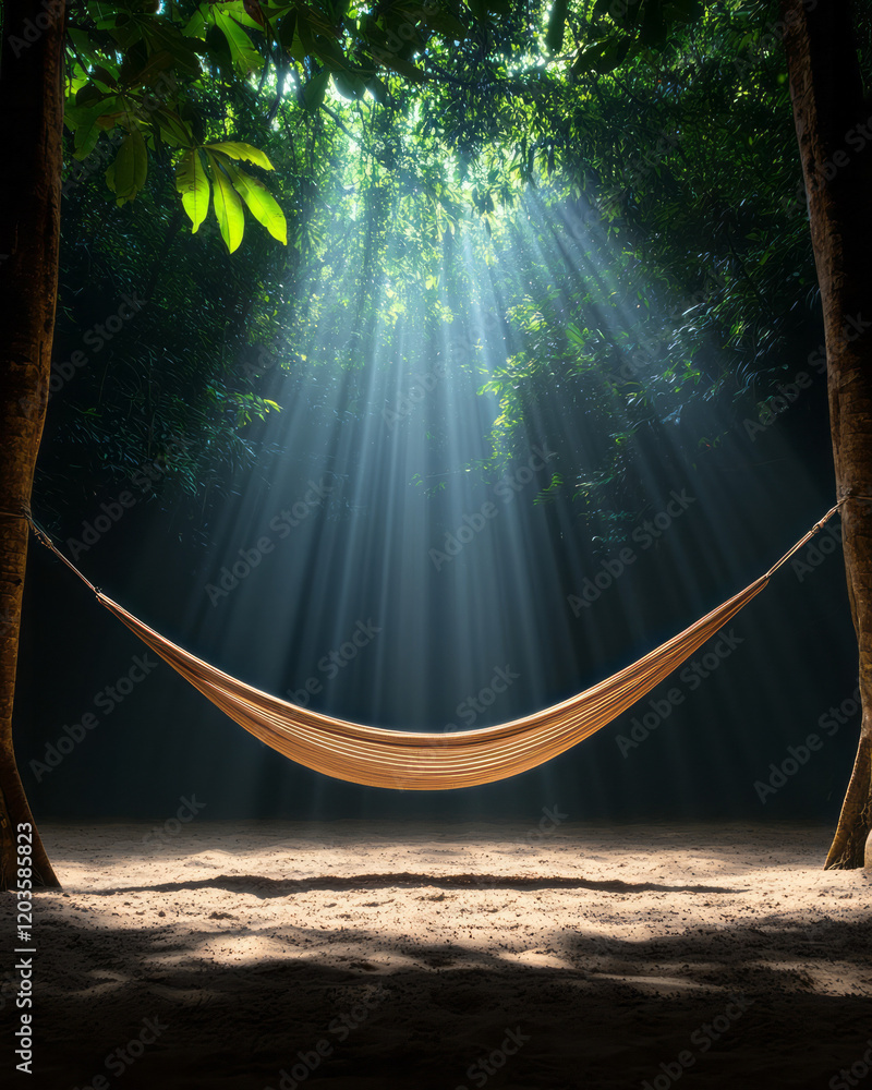 Poster a tranquil image of a hammock strung between two large trees in a tropical forest, with sunlight dap
