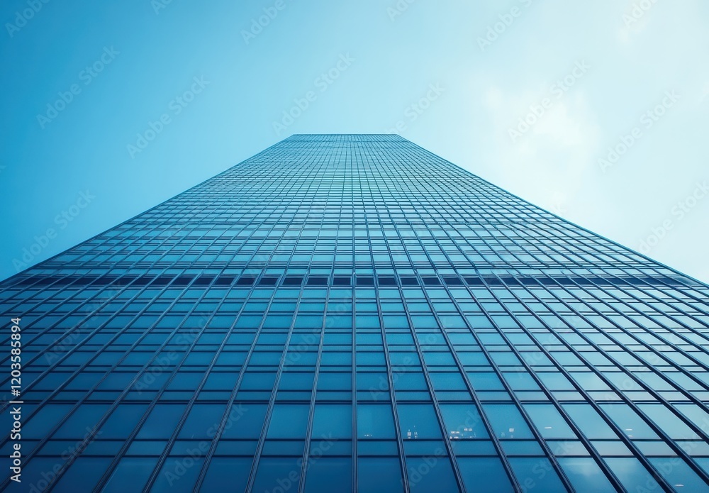 Poster modern glass skyscraper reaching towards a clear blue sky with reflections of surrounding buildings 