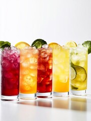 Vibrant fruit infused drinks shine brightly against a clean white background. AI Generated