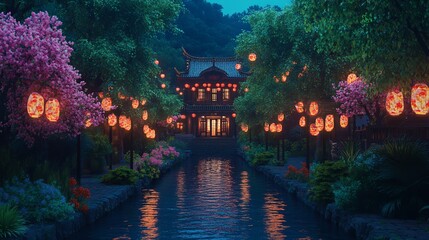 Fototapeta premium Serene Riverside Temple Surrounded by Lanterns