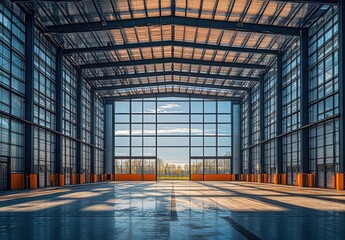 Fototapeta premium Modern Industrial Warehouse Interior with Large Windows and Natural Light, Featuring Open Space, High Ceilings, and Minimalistic Design Aesthetic