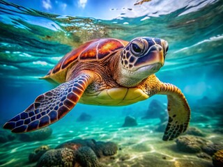Fototapeta premium Close-Up Sea Turtle Swimming: Detailed Shell & Flippers - Marine Wildlife Stock Photo