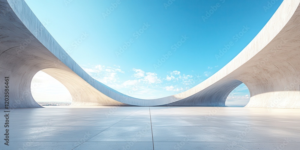 Poster modern minimalist architecture featuring smooth curved structures and an expansive blue sky in a fut