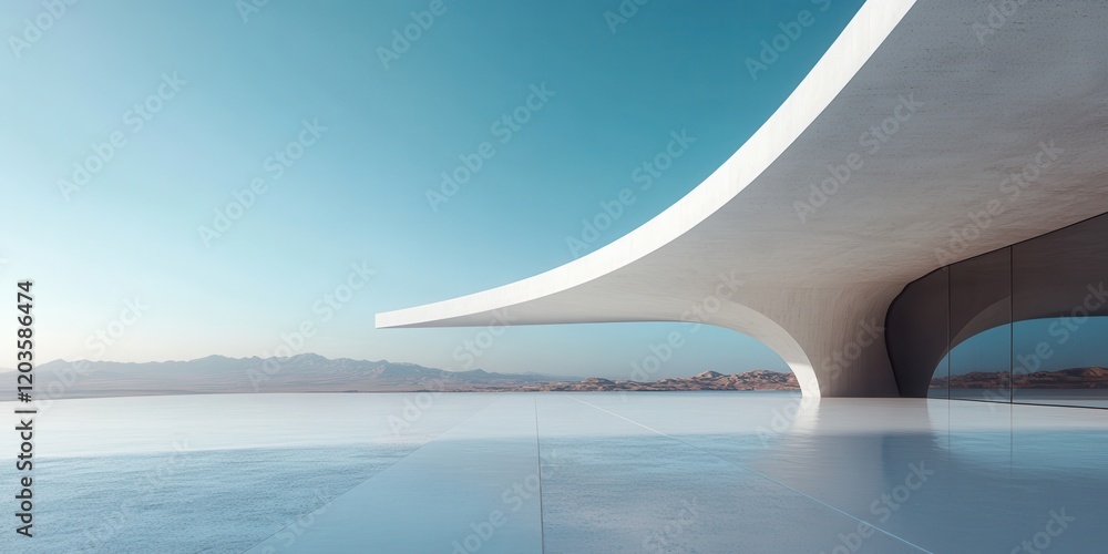 Aufkleber modern minimalist architecture featuring smooth curves and large open space, overlooking a serene la