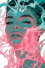 Vibrant digital artwork of a woman's face surrounded by flowing abstract pink and teal smoke-like patterns, creating a surreal effect.
