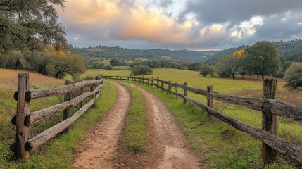 Fototapeta premium Rural pathway through a serene landscape with a rustic fence and a golden sunset painted across the cloudy sky