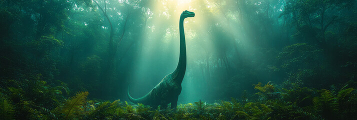 Obraz premium A serene image of a Brachiosaurus reaching high into the canopy of a dense forest, illustrating its long neck and gentle nature,