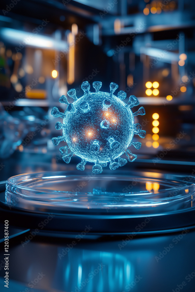 Poster close-up of a futuristic holographic virus particle floating in a sterile lab environment, glowing s