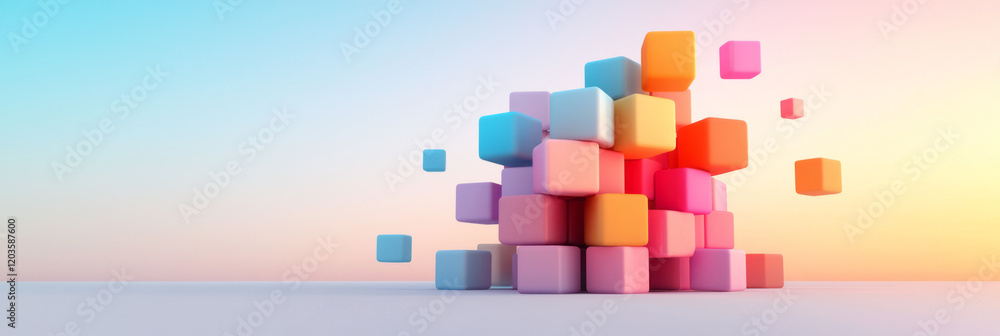 Poster a colorful 3d visualization of interconnected cubes forming a complex structure, representing digita