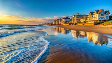 Fototapeta premium Coastal Residential Scene: Serene Beachfront Homes & Expansive Ocean View