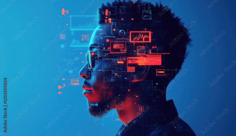 Aufkleber portrait of a thoughtful young man with data analytics graphics overlay symbolizing technology, inno