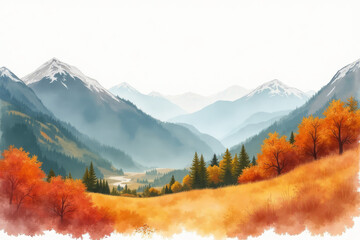 Hand Drawn Watercolor Autumn Mountain Landscape Representing Seasonal Beauty