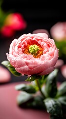 Delicate pink flower blossoms softly illuminated deep rich background. AI Generated