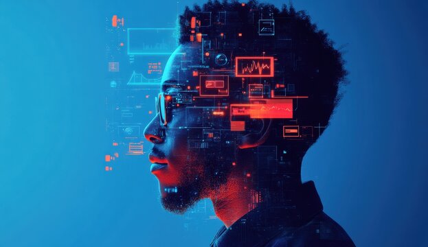 Portrait of a thoughtful young man with data analytics graphics overlay symbolizing technology, innovation, and the future of digital information processing in modern society.