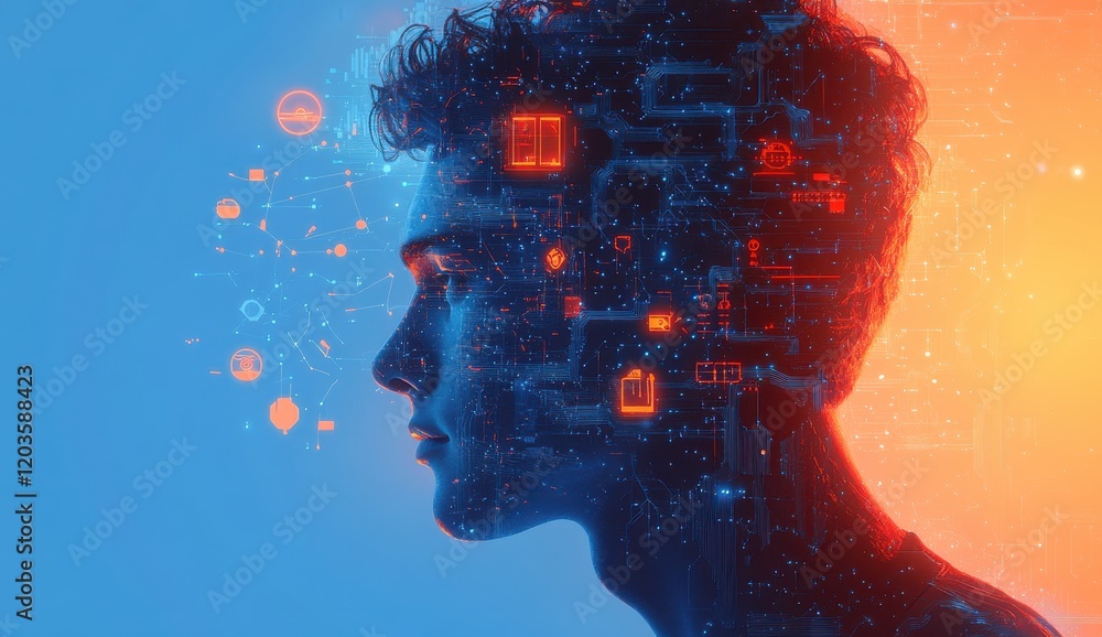 Poster profile of a young man with conceptual artificial intelligence and digital data overlay illustrating